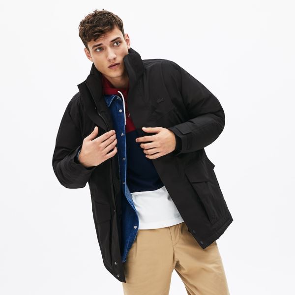 Lacoste Detachable Faux Fur Hood Long Quilted Parka - Parka Pánské Černé / Tmavě Šedé | CZ-ZreFXc